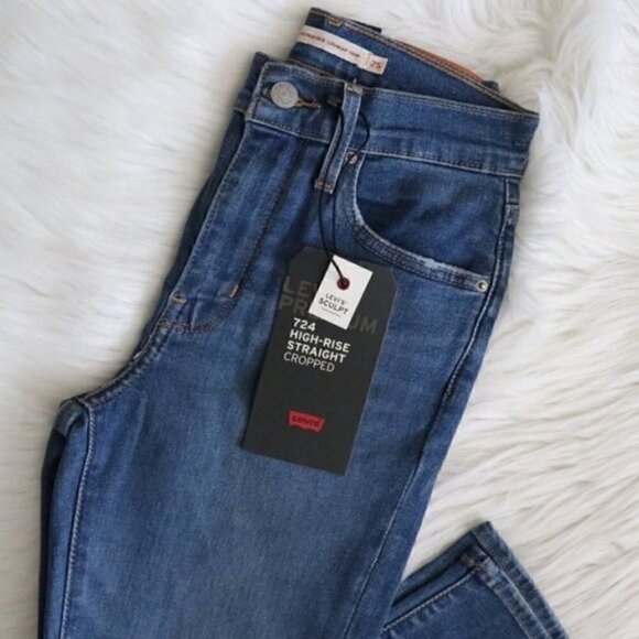 NEW Levis 724 High Rise Cropped Blue Jeans Size 25 Straight Leg Distressed - Picture 4 of 10